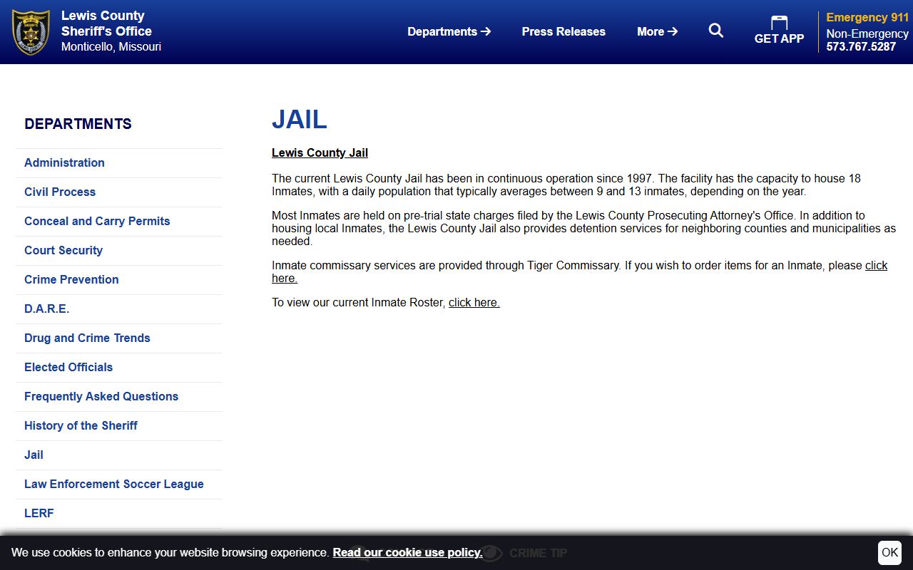 Lewis County Jail inmate population and capacity page